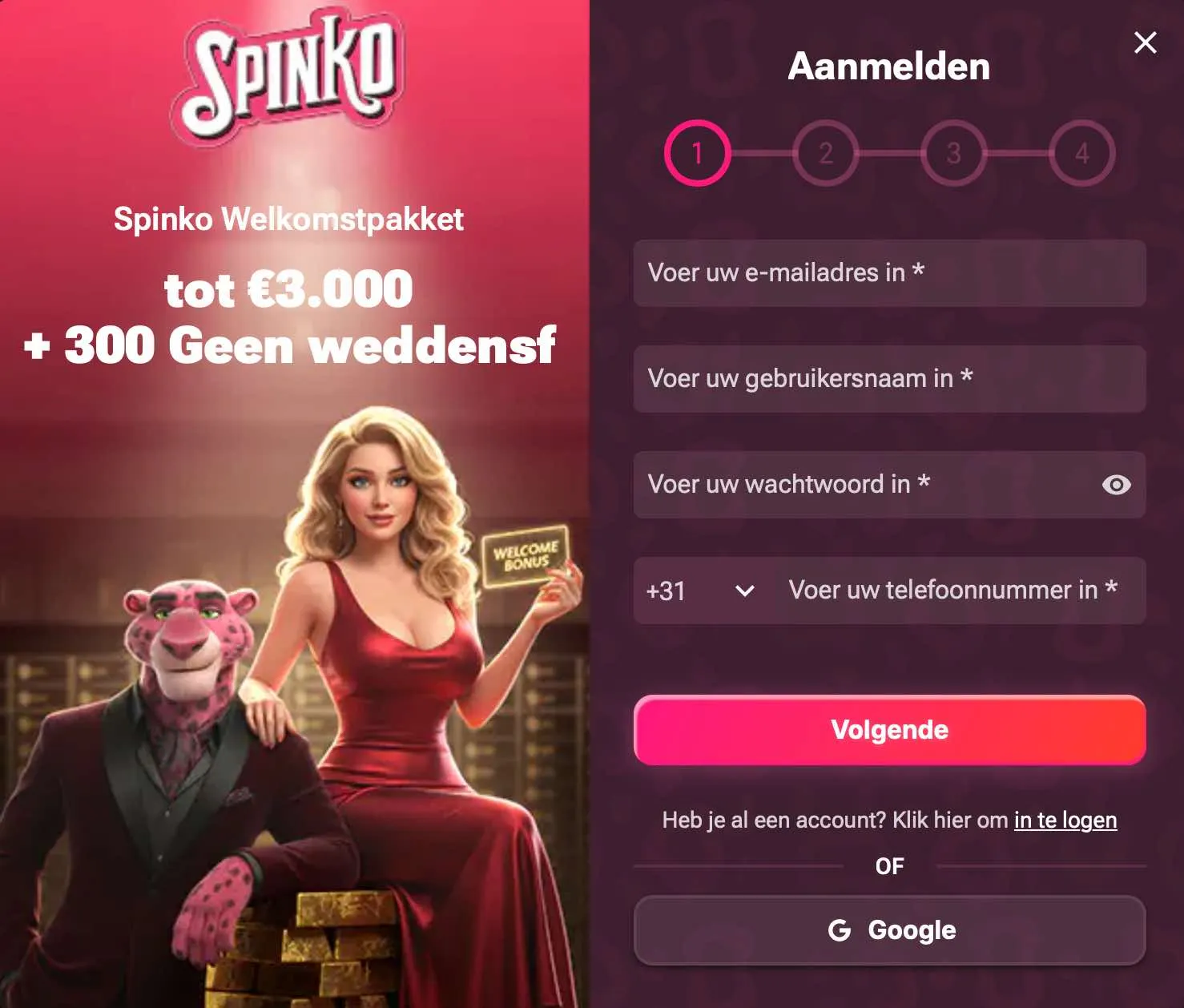 Spinko Casino login en registratie